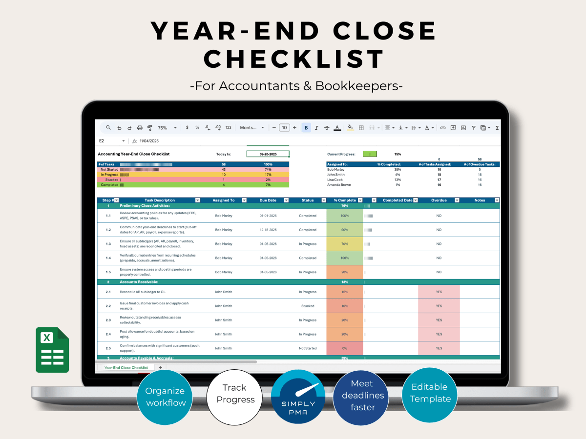 Accounting Year-End Close Checklist Excel Template | Bookkeeping Year End Closing Process | CPA Audit Preparation&nbsp;Tracker