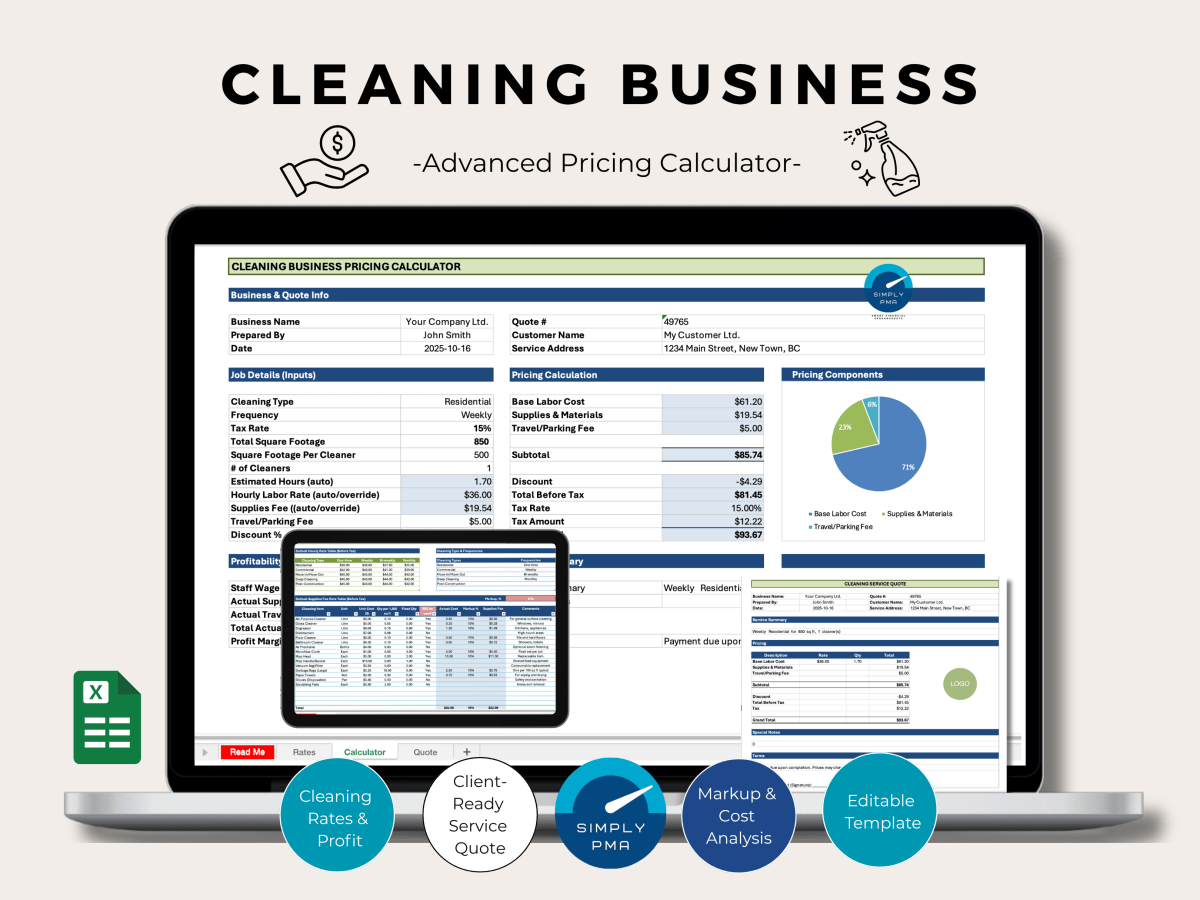 Cleaning Business Pricing Calculator | Excel Quote Template | Cost & Profit Estimator for Cleaners | Automated Service Quote&nbsp;Sheet